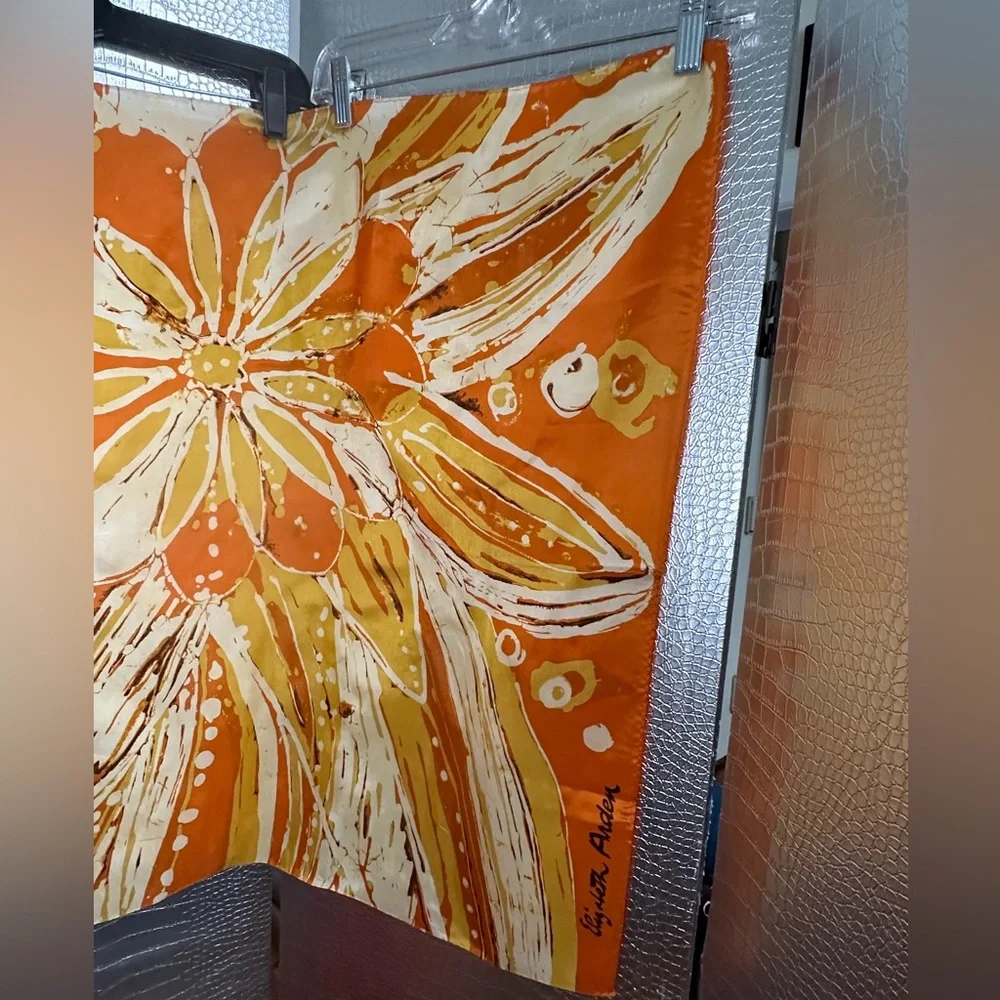 Elizabeth Arden Vintage Orange and Yellow Floral Patterned Silk Scarf